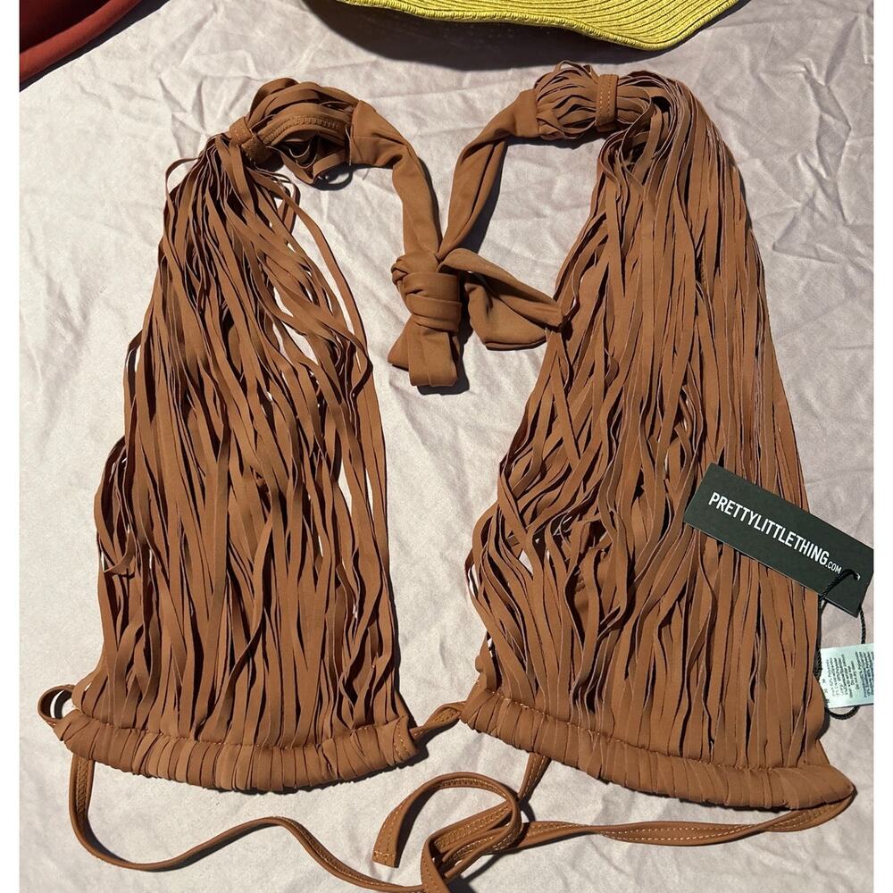 PrettyLittleThing Tan Western Country Tassel Fringe Halter Bikini Top NEW US 10